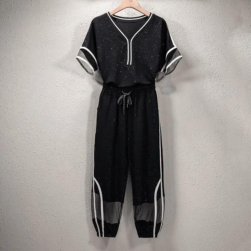 Two-piece Large Size Women's Casual Temperament Fan Loose and Thin Mesh Stitching Two-piece V-neck Short-sleeved Shirt + Elastic Waist Casual Pants