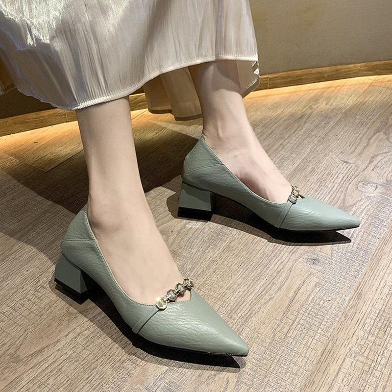 Ladies High-heeled Leather Shoes Slip-in Style Pointed-toe Women's Shoes Mid-heel Thick-heeled Pumps Retro Style Thick-heeled Soft Leather Shoes