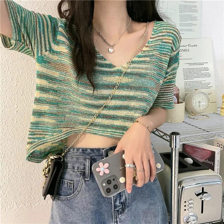 Women's Knitwear Summer Thin V-neck Hollow Out Short-Sleeve Shirt Temperament Short Loose Casual Striped Pullover Top Female Knitted Pullovers Top Tee