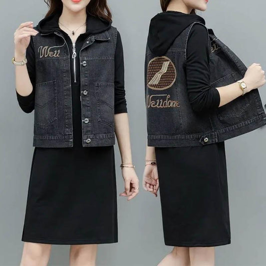 Women's Denim Waistcoat Short Spring and Autumn Models Loose Wild Heavy Embroidery Sleeveless Waistcoat Waistcoat Women