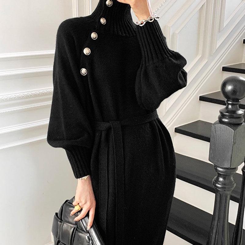 Turtleneck Sweaters Knitted Dress Women Luxury Designer Pullover Long Sleeve Plus Size Loose Jumper Autumn Winter Fashion Lantern Sleeve Belt Coat