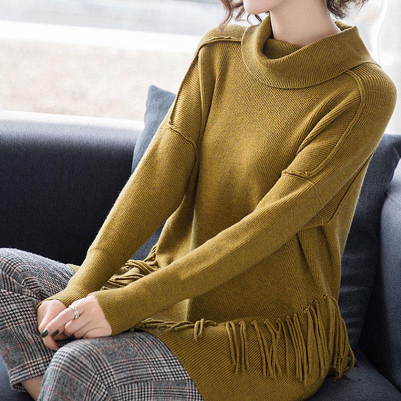 Autumn and Winter High Neck Loose Sweater Mid-length Tassel Plus Size Top Solid Color Knitted Women's Bottoming Shirt