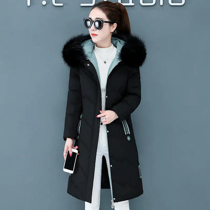 Down Jacket Winter Korean Fashion Big Fur Collar Mid-length Hooded Thick Warm Large Size Jacket Suitable for Women