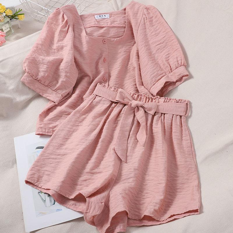 Suit Women Summer Square Collar Bubble Sleeve Short Sleeve Top Elastic High Waist Wide Leg Shorts Two-piece Suit Ladies Casual Suit Shirt + Shorts