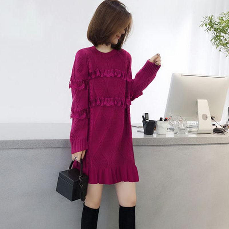 Autumn and Winter Fashion Knitted Bottoming Skirt Mid-length Solid Color Casual Dress Long-sleeved Lace Female Sweater Dress