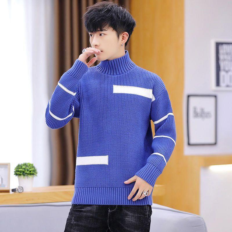 Spring and Autumn Striped Casual Round Neck Sweater Personalized Half High Neck Splicing Color Sweater