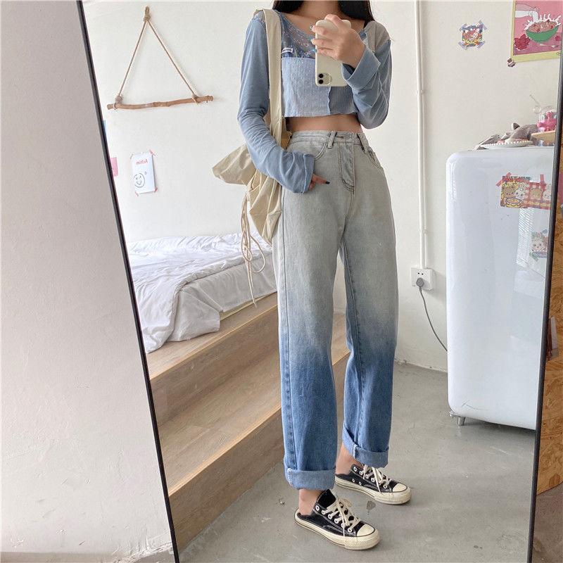 Autumn Design Sense Gradient High-waisted Jeans Women's Straight Loose Wide-leg Trousers Trend