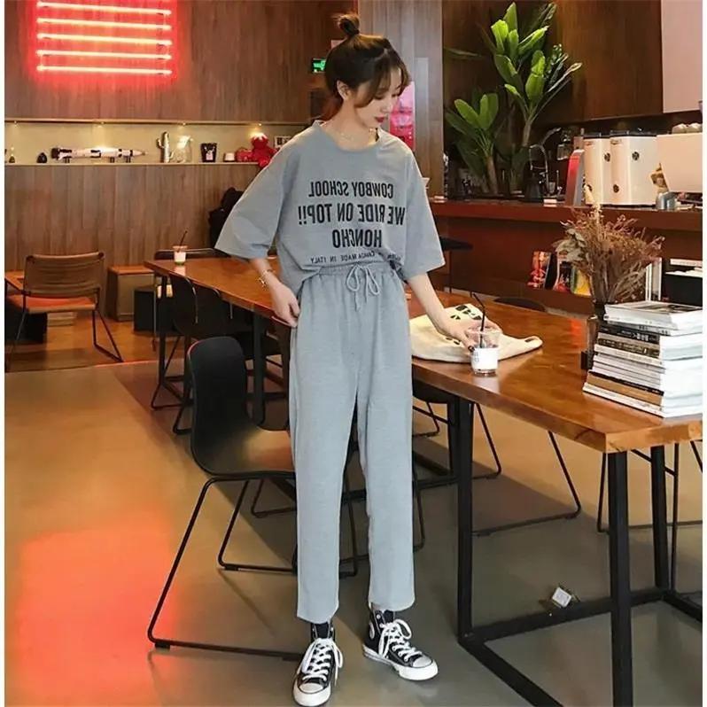 2PCS Summer Student Loose Letter Short Sleeve T-Shirt + Straight Ninth Pants Ladies Casual Sports Two-piece Suit Jogging Suits for Girl