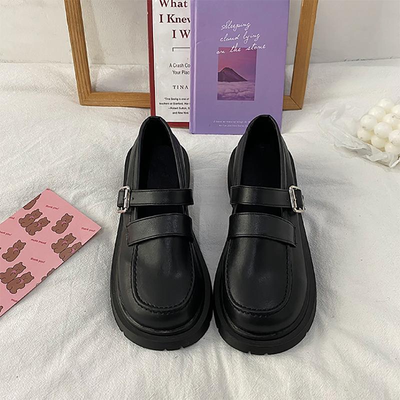 British Style Small Leather Shoes Spring Korean Version of Thick Heel Belt Buckle Single Shoes Retro Loafers Women