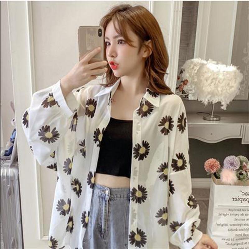 Ladies Shawl Mid-length Thin Coat Chiffon Sunscreen Clothing Female Long-sleeved Loose Daisy Mid-length Sun Protection Shirt Breathable Coat