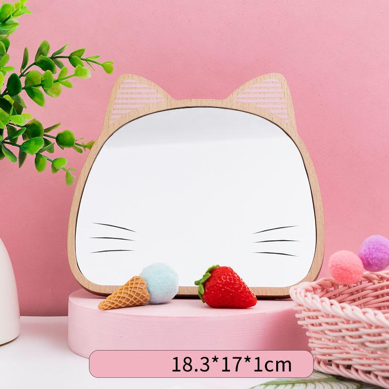 Women Cartoon Wooden Mirror Desktop Portable HD Thin Light Travel Out Household Essentials Single-sided Makeup Mirror