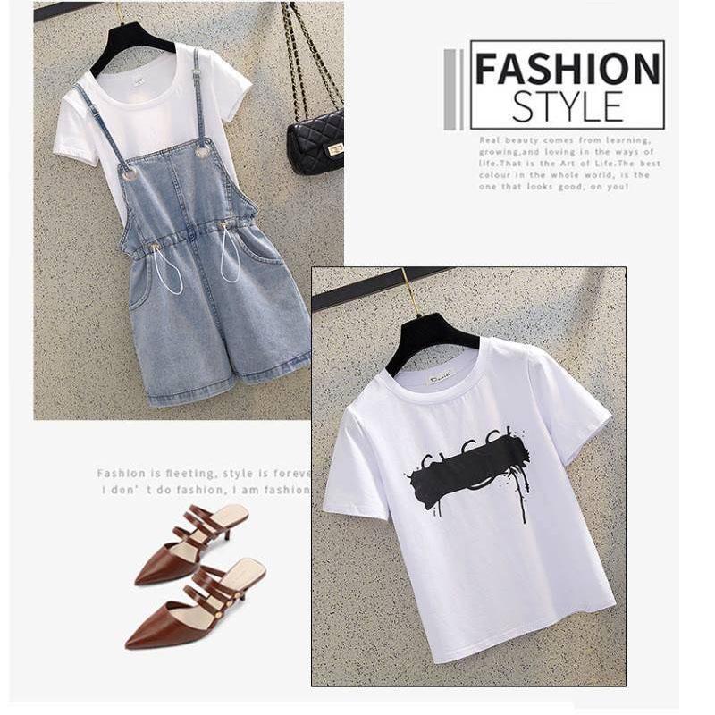 Fashion T-shirt Overalls Suits Women T-shirt  Elastic Waist Strap Denim Shorts Two Piece Short Set