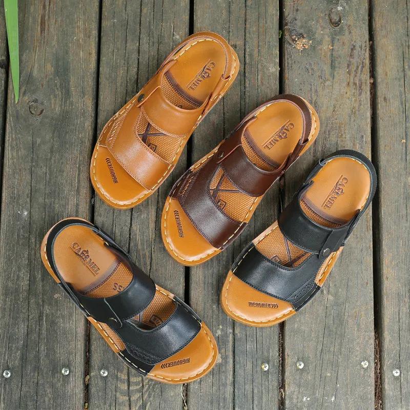 First Layer Cowhide Men's Sandals Tendon Sole Leather Beach Shoes Summer Leisure Sandals and Slippers Non-slip Soft Sole Sandals