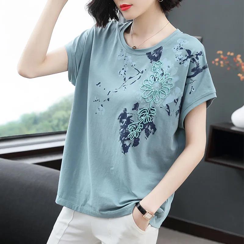 Boutique Short-sleeved Shirts Women Cotton T-shirts Casual Loose Pullovers Plum Print Shirt Summer