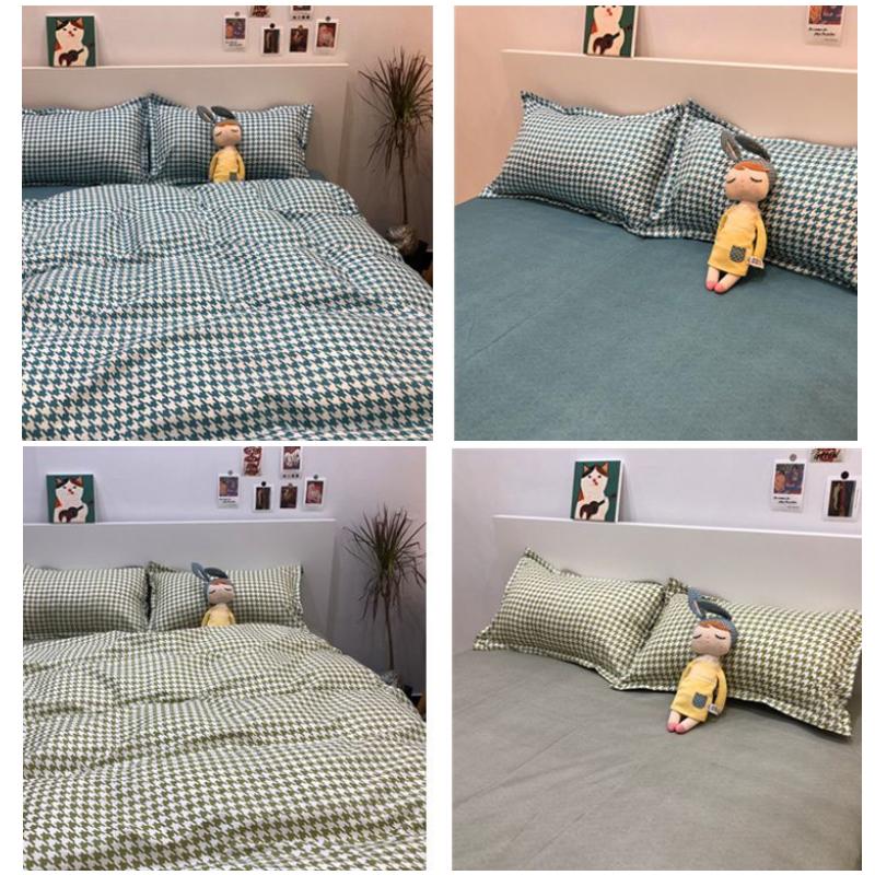 Houndstooth Nordic Simple Ins Bed Four-piece Set of Sanding Quilt Cover Sheet Washed Cotton Student Dormitory Three-piece Set