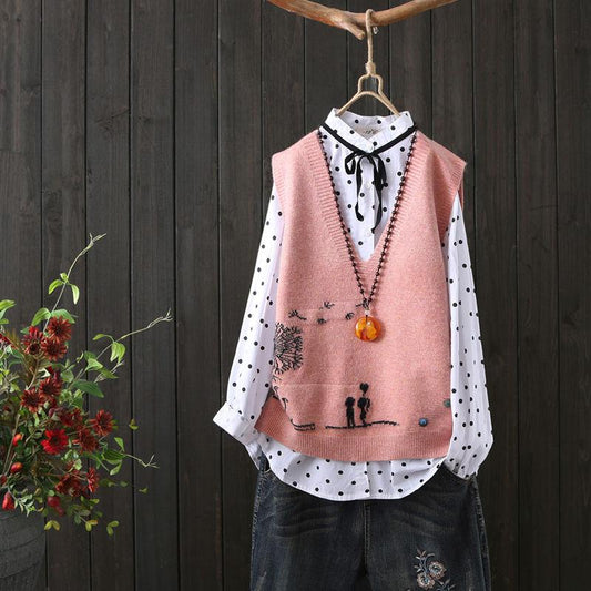 Short College Style Knitted Vest V-neck Pullover Wool Vest Women's Outer Sleeveless Sweater