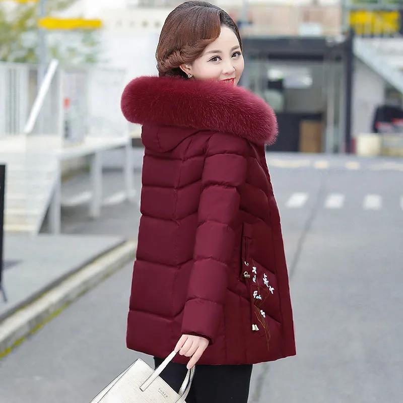 Winter Down Cotton Jacket Fashion Fur Collar Hooded Mid-length Jacket Thick Warm Cotton Jacket Suitable for Middle-aged Women