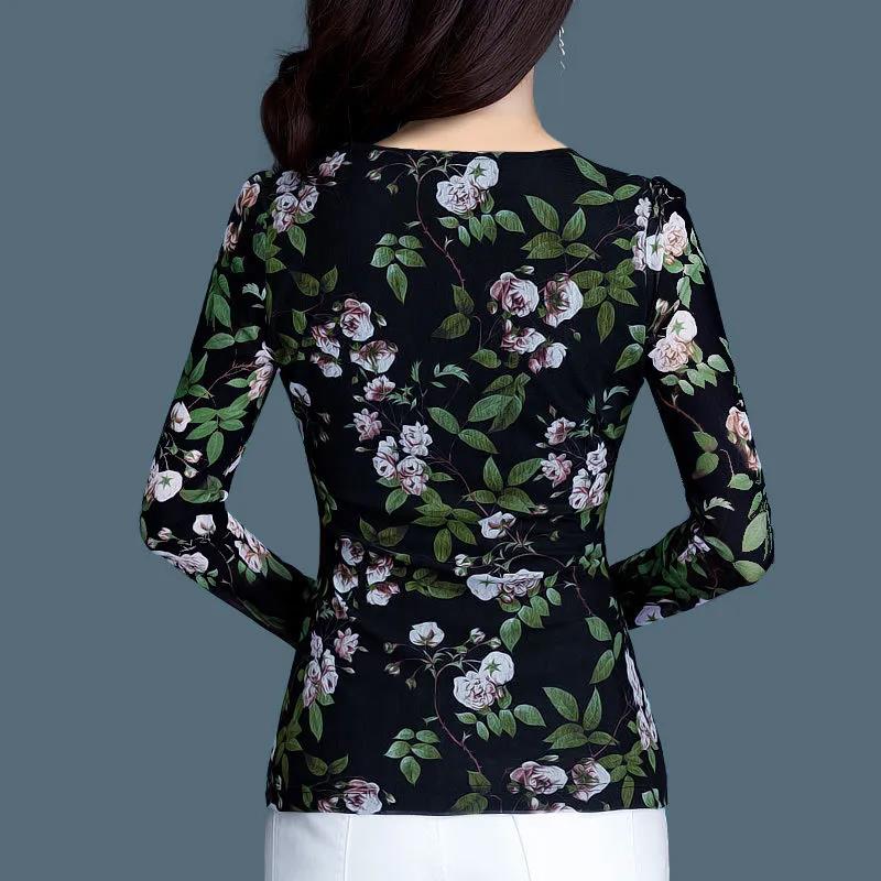 Spring and Autumn Printing Bottoming Shirt Women's Long-sleeved Mother T-shirt Thin V-neck Top Women