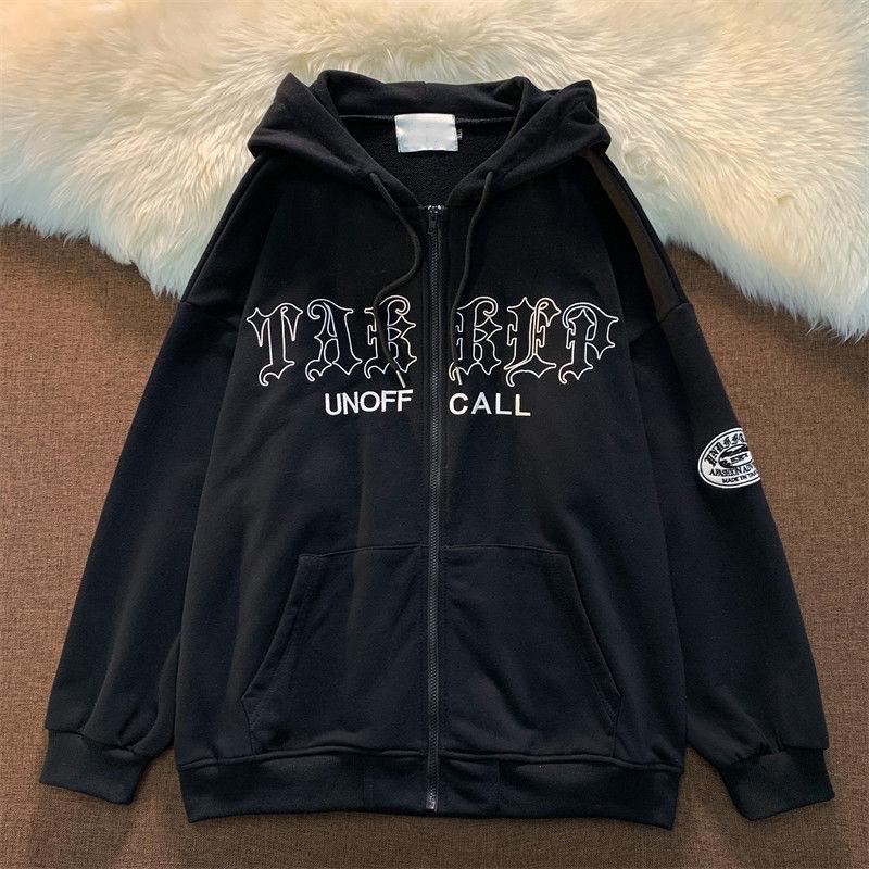 Retro Letter Embroidery Hooded Cardigan Sweater Men Hiphop Street Loose Sweater Cardigan Coat Ladies Casual Zipper Top