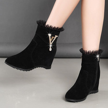 Autumn and Winter Frosted Plush Inner Heightening Women's Boots Versatile Middle Heel Rhinestone Short Martin Boots