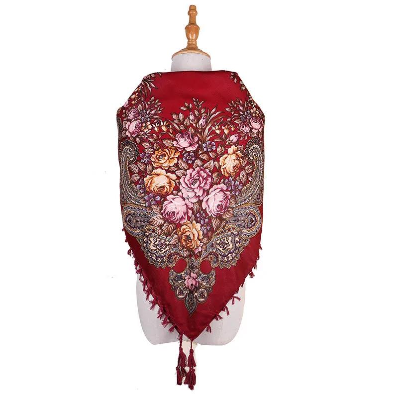 Women's Ethnic Style Square Scarf Printed Shawl Fringed Cotton Scarf Autumn and Winter Warm Embroidered Shawl Multifunctional Turban Shawl Scarf