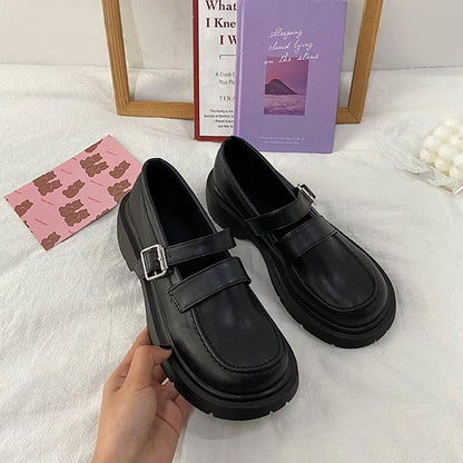 British Style Small Leather Shoes Spring Korean Version of Thick Heel Belt Buckle Single Shoes Retro Loafers Women