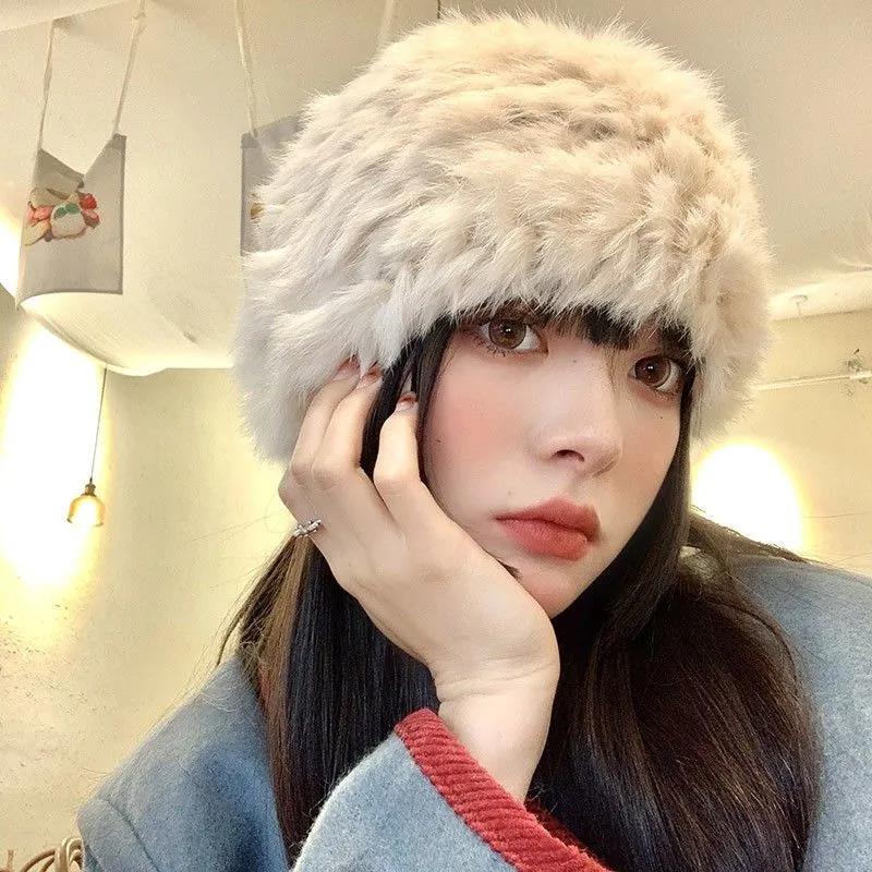 Women's Hats Thick and Warm Real Rabbit Plush Fur One-piece Knitted Hat Winter Cold All-match Knitted Baotou Woolen Hat