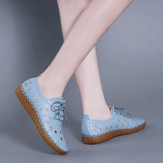 Women's Summer Soft Leather Hollow Shoes Hole Shoes Tendon Bottom Sandals Flat Casual Shoes Soft Bottom Comfortable Mother Shoes