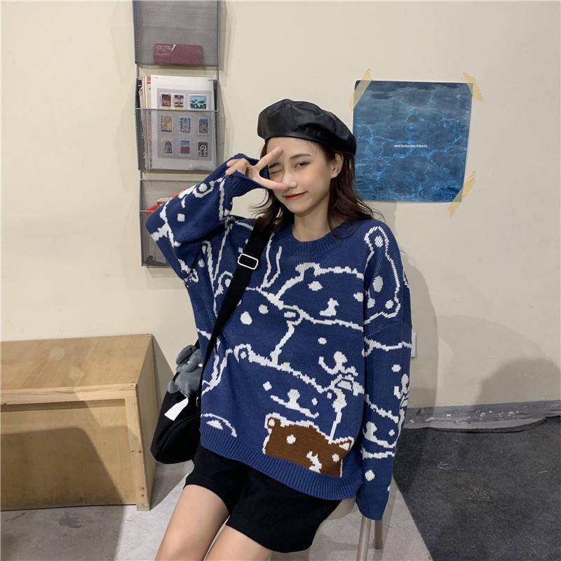 Pofuloveins Korean Autumn Winter Sweet Pullover Sweater Female Loose long-sleeved Sweater Student