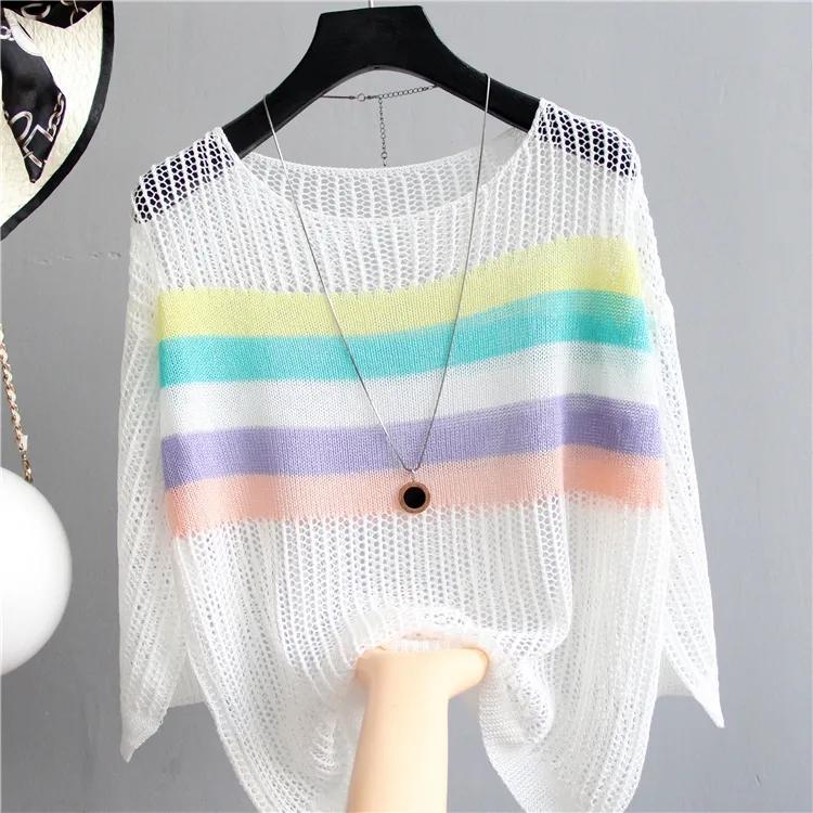 Striped Pullover Sweater Spring Korean Version Hollow Blouse Female Contrast Color Loose Five-point Sleeve Bottoming Shirt Breathable Cool Top