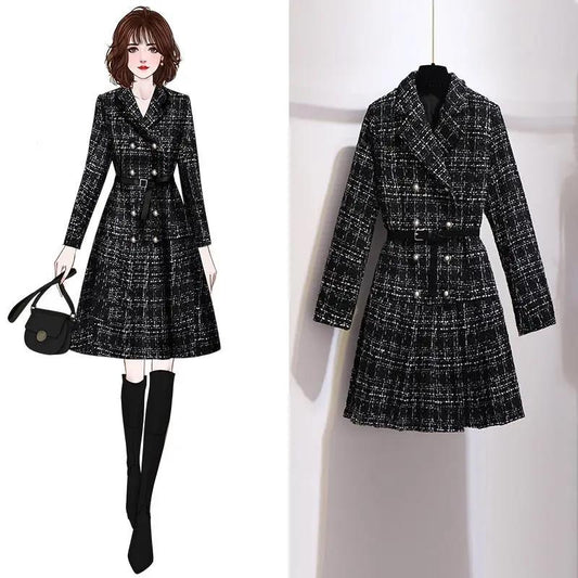 Plaid Jacket Women's Autumn and Winter Thickened Small Woolen Coat Mid-length Slim Fit