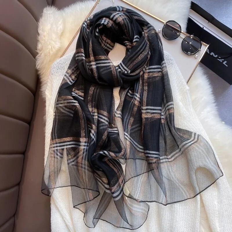 Women's Autumn and Winter Silk Scarf Korean Style All Match Mulberry Silk Shawl Thin Silk Plaid Scarf Long Dual-use Gauze Scarf Sweet Neckerchief