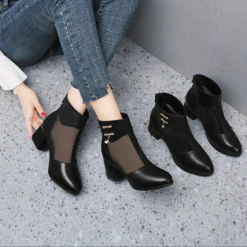 Spring and Summer Mesh Sandals Mid-heeled Soft-soled Non-slip Round-toe Thick-heeled Sandals Women