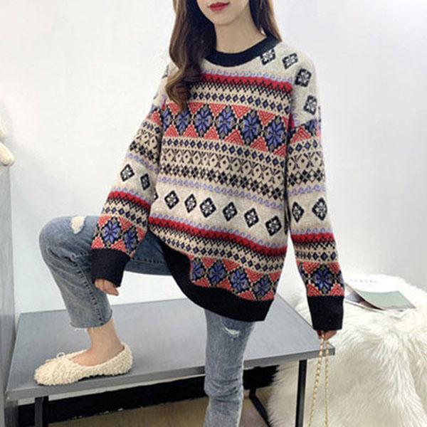 Autumn and Winter Retro Geometric Pattern Sweater Loose Casual Jacquard Top Pure Cute Girl Sweater