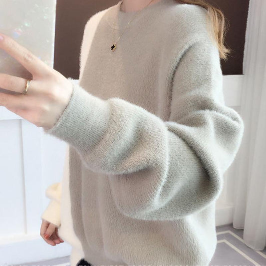 Autumn and Winter Color Mix Jacket Long Sleeve Round Neck Bottoming Shirt Fuzzy Casual  Loose Sweater