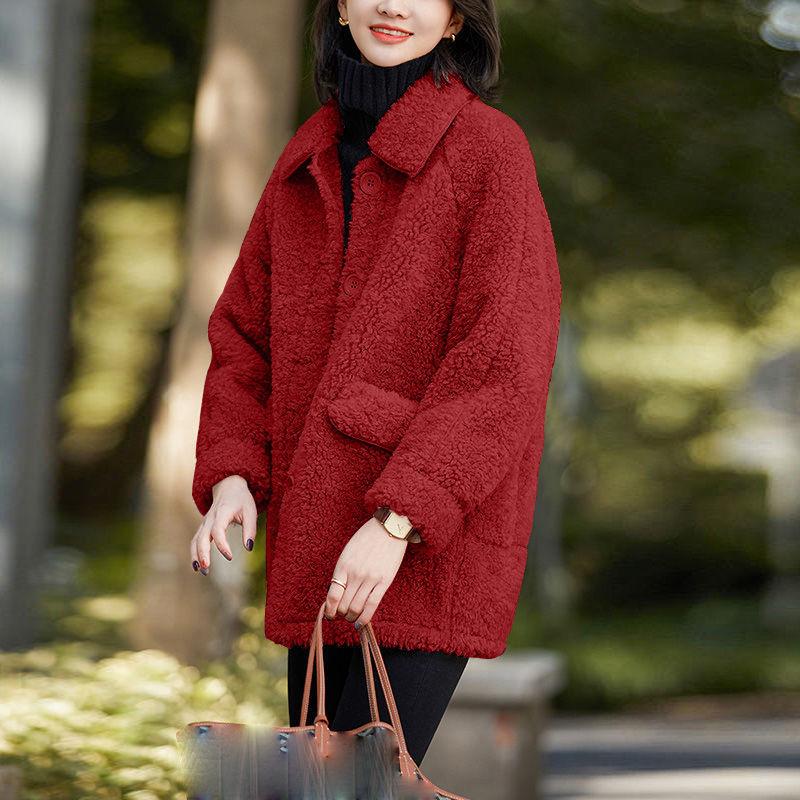 Jacket Women's Autumn and Winter Plus Velvet Thickening Mid-length Lamb Hair Lapel Loose Warm Cotton Jacket Cotton Jacket