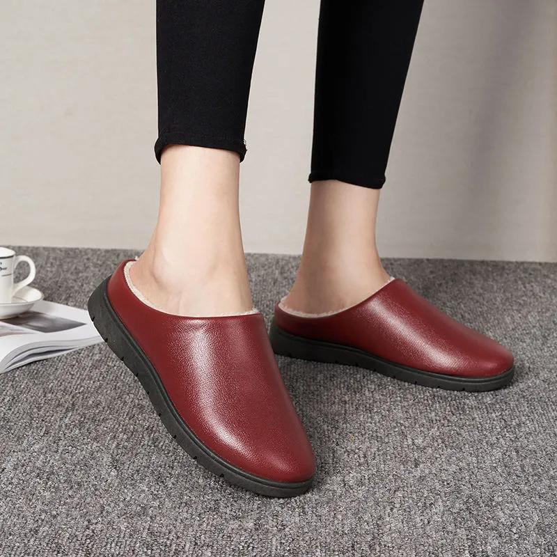 Cotton Slippers Winter Leather Waterproof Thick Warm Women Slide Plus Size Mens Slippers