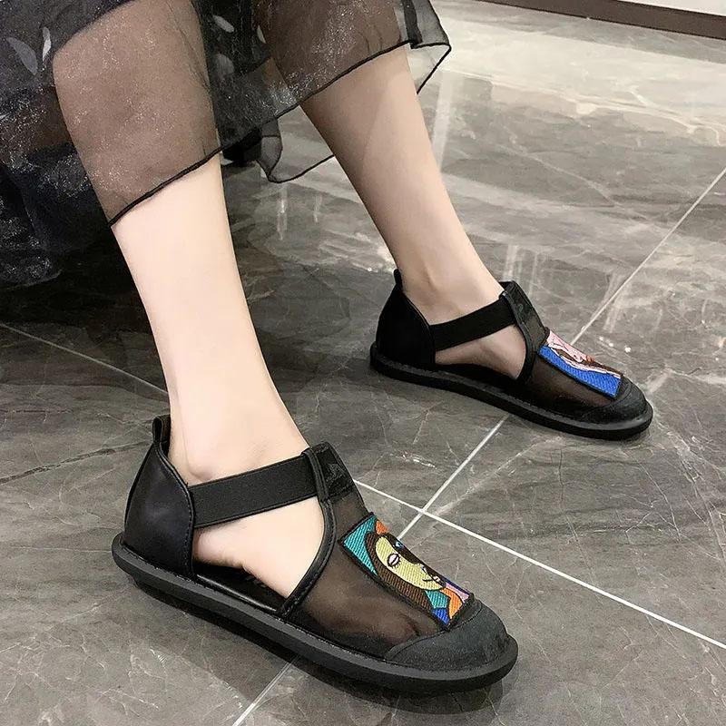 Ladies Summer Organza Abstract Women Slip-on Sandals Lightweight Non-slip Lazy Flat Sandals Breathable and Comfortable Shoes