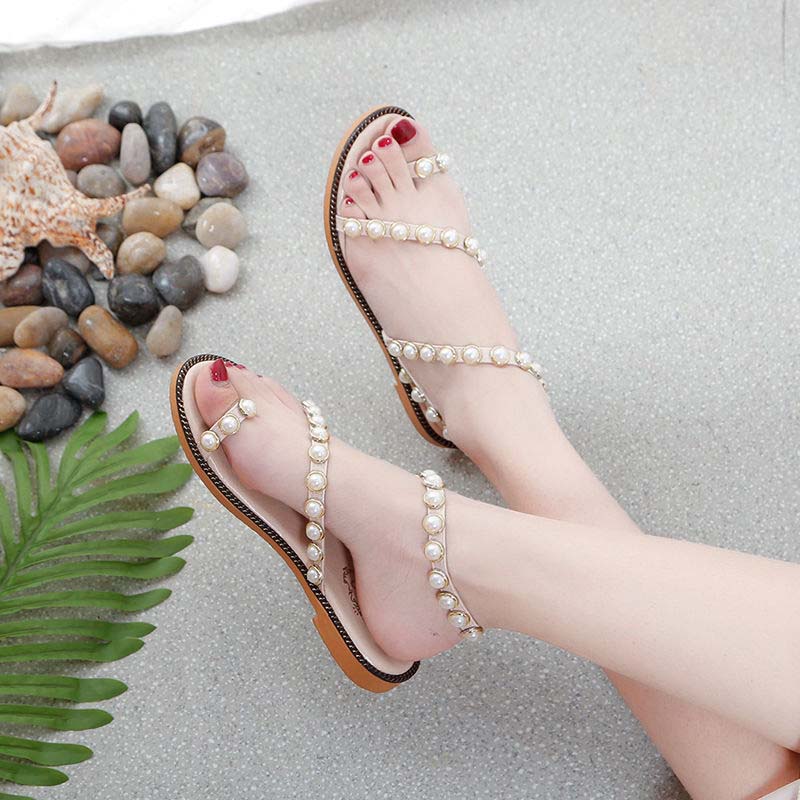 Pearl Sandals Female Summer Fairy Style Student Flat All-match Flip-flop Roman Sandals