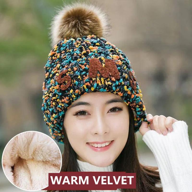 Women's Woolen Hats for Autumn and Winter Warm Knitted Hats Korean Style Student's Hats Leisure Trend Fur Ball Top Cap Female Thick Velvet Padded Hats