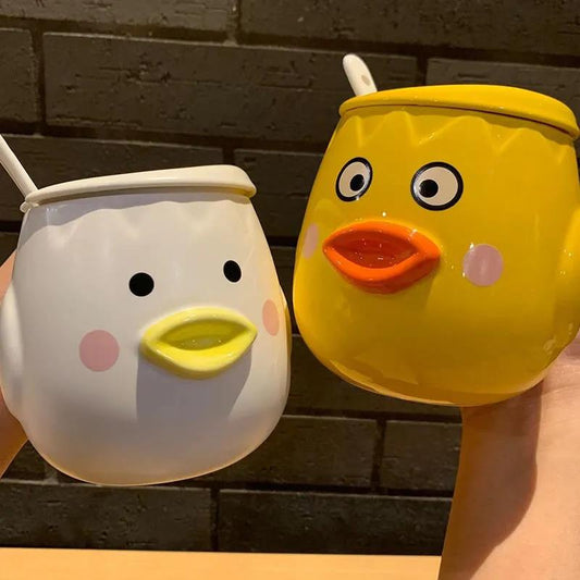 Creative Three-dimensional Mug with Lid Cute Pet Little Yellow Duck Ceramic Cup Male and Female Student Breakfast Cup Milk Cup Oatmeal Cup