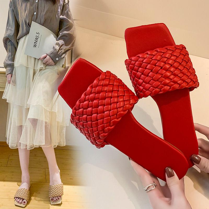 Red Leather Weaving Beach Slippers Women Summer Casual Open Toe Flat Heel Sandals Woman Comfortable Outdoor Slides Mujer