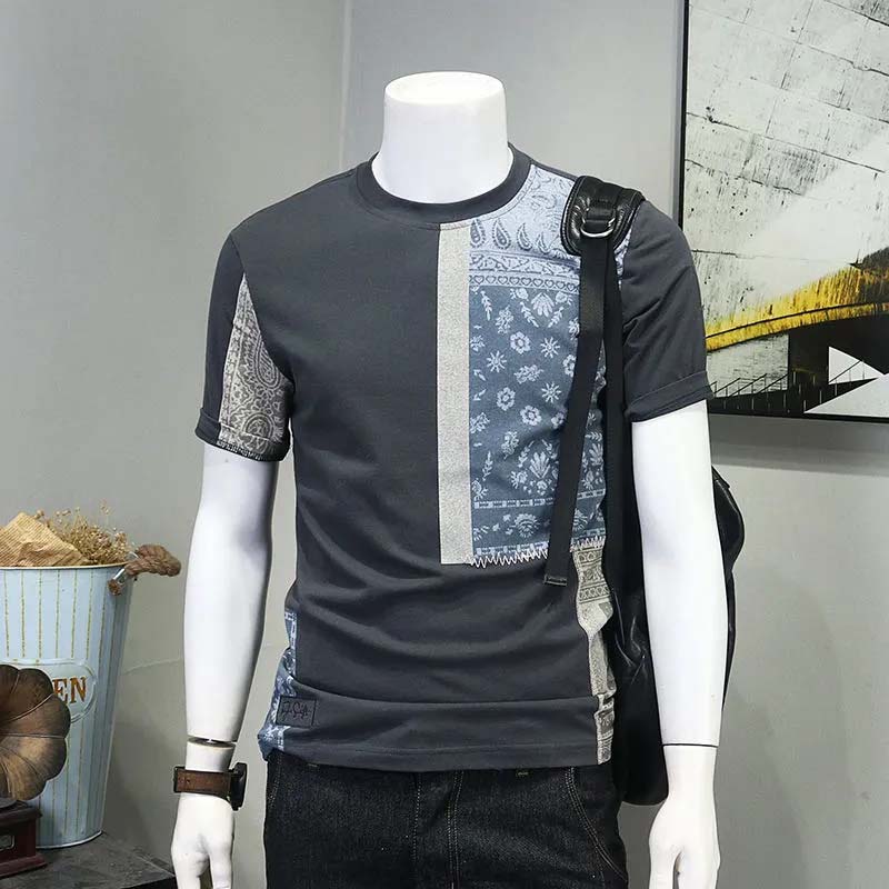 Splicing Retro Men's Tide Brand Short-sleeved T-shirt Slim Round Neck Asymmetric Personality Clothes