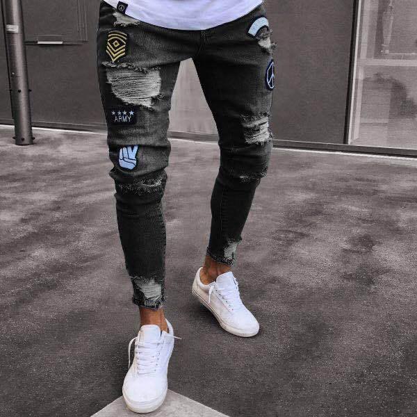 Europe and The United States Fashion Badge Jeans Men's Trend Knee Hole Denim Pants Zipper Trousers