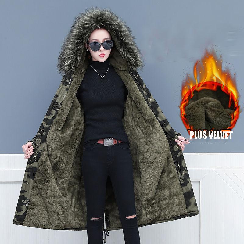 Female Camouflage Parka Coat  Winter Long Cotton-padded Jacket Flocking Hooded Cotton-padded Jacket Winter Print Overcoat