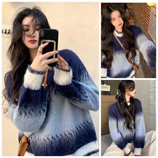 Mohair Pullover Sweater Women's Autumn and Winter Soft Waxy Lazy Wind Tie-dye Gradient Knitted Sweater Top