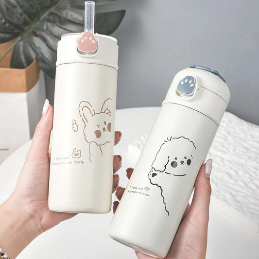 Straw Thermos Cup Male and Female Students Korean Version of Large-capacity 304 Stainless Steel Children's Water Cup Vacuum Flasks