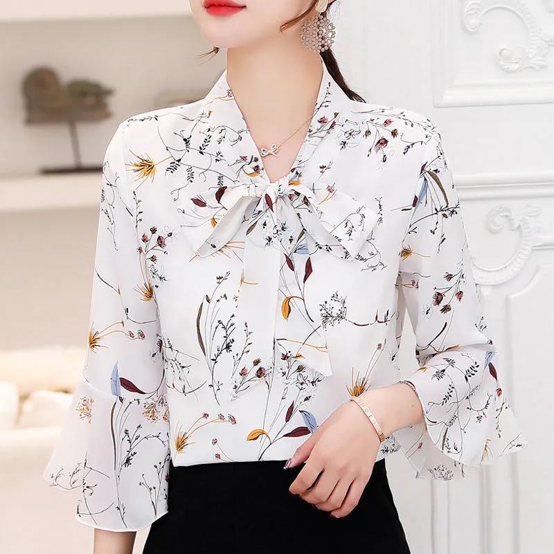 Women's Short-sleeved Chiffon Shirts Trumpet Sleeves Slimming Bottoming Shirts Bowknot Chiffon Shirts Light and Breathable Ladies