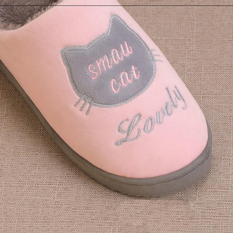 Women Slippers Pink Cute Cat Thick Fleece Warm Home Indoor Couples Plus Size Cotton Shoes Men Blue Slippers Non Slip