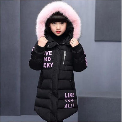 Winter Girl's Cotton-padded Jacket Big Children's Down Jacket Western Style Hooded Padded Coat Baby Mid-length Padded Jacket